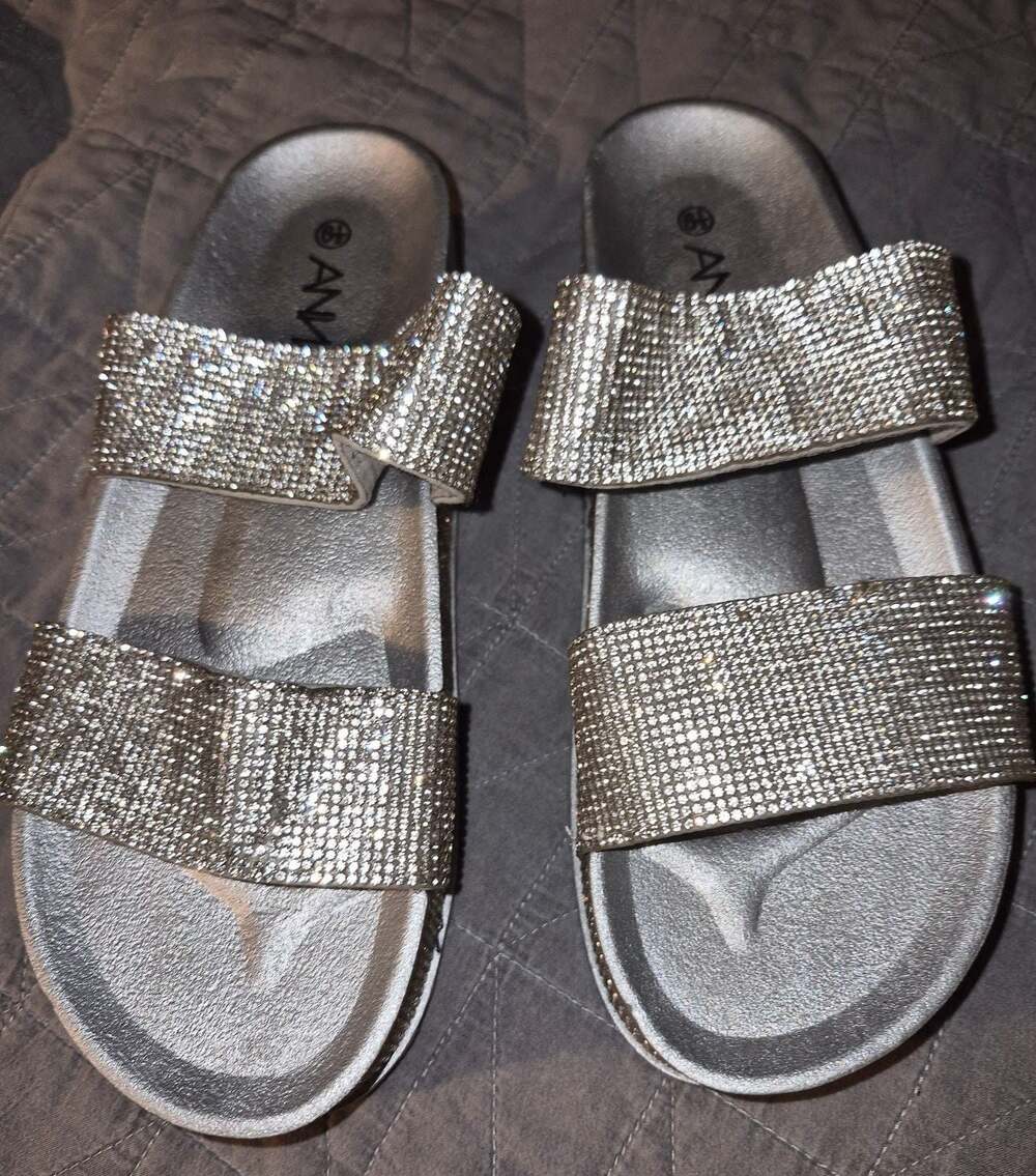 ANNA Silver Rhinestone Platform Two Strap Slide Sandals